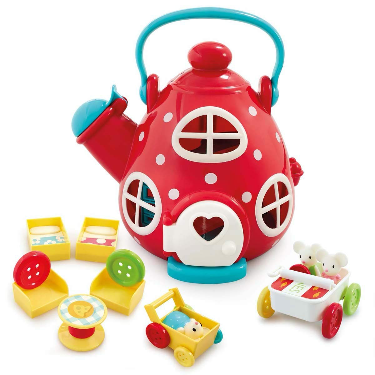 Bright red kettle-shaped cottage playset with white polka dots, featuring blue accents, windows, and a heart-shaped door, accompanied by colorful toy accessories and characters.