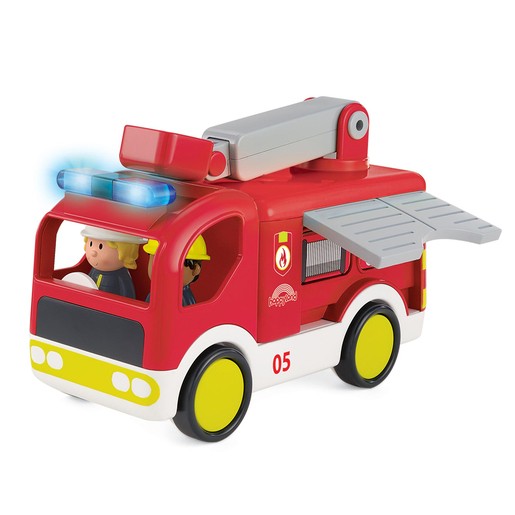 Bright red plastic fire engine with blue lights, a movable ladder, and two firefighter figures inside, featuring yellow wheels and a white base with the number 05.
