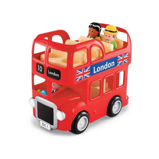 Bright red double-decker bus playset featuring two figures, "London" signage, and a friendly design, made from durable plastic for imaginative play.
