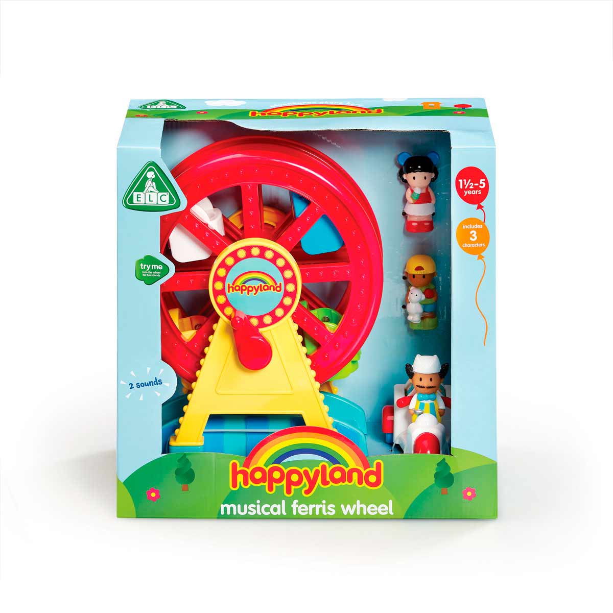 Colorful playset featuring a red Ferris wheel, yellow base, and two figures, designed for children aged 1.5 to 5 years, with musical sounds and vibrant packaging.