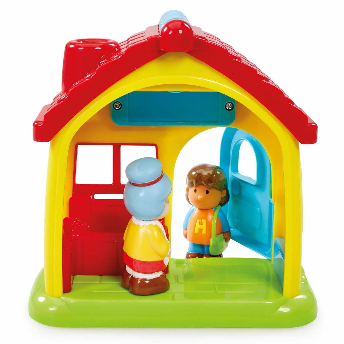 Colorful Happyland Post Office Playset features a red-roofed building with a yellow exterior, two figures, and a blue door, encouraging imaginative play.