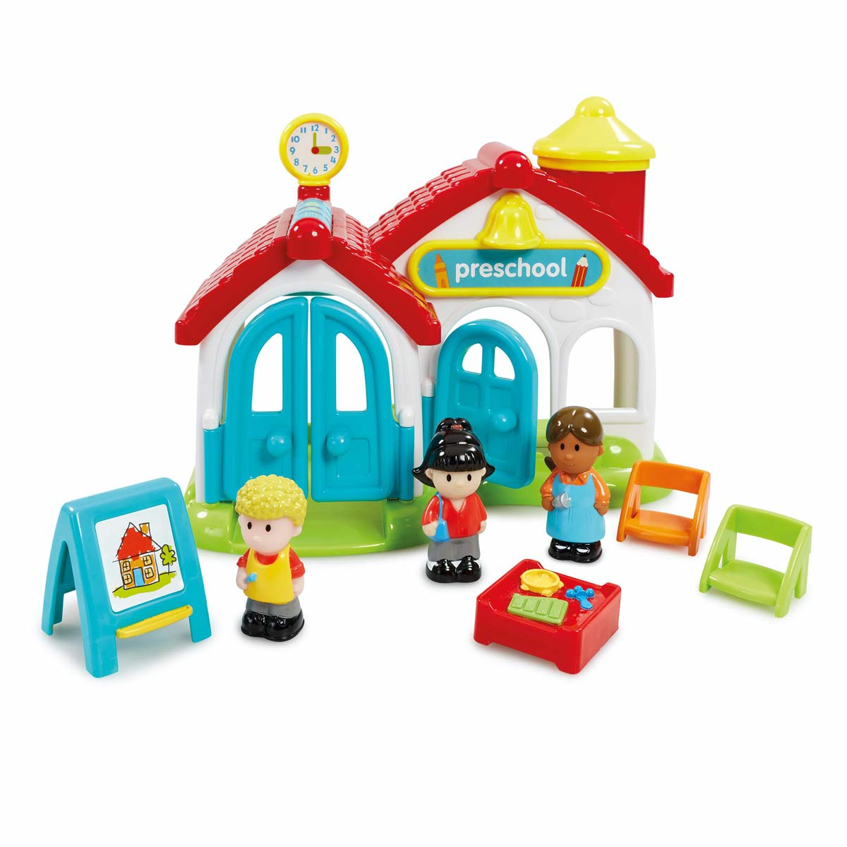 Colorful Happyland Preschool Playset features a red and white school building, three figures, a green and blue chair, a red table with play items, and an easel with a drawing.