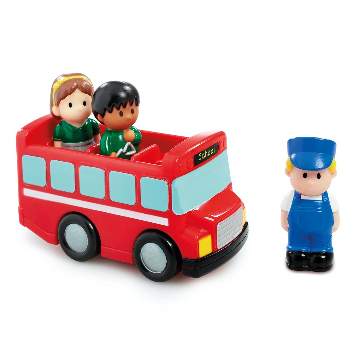 Bright red plastic school bus with large black wheels, featuring two child figures inside and a blue-uniformed driver figure standing beside it.