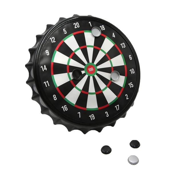 Black and white circular dartboard resembling a bottle cap, featuring numbered sections and three magnetic bottle caps in black and white.
