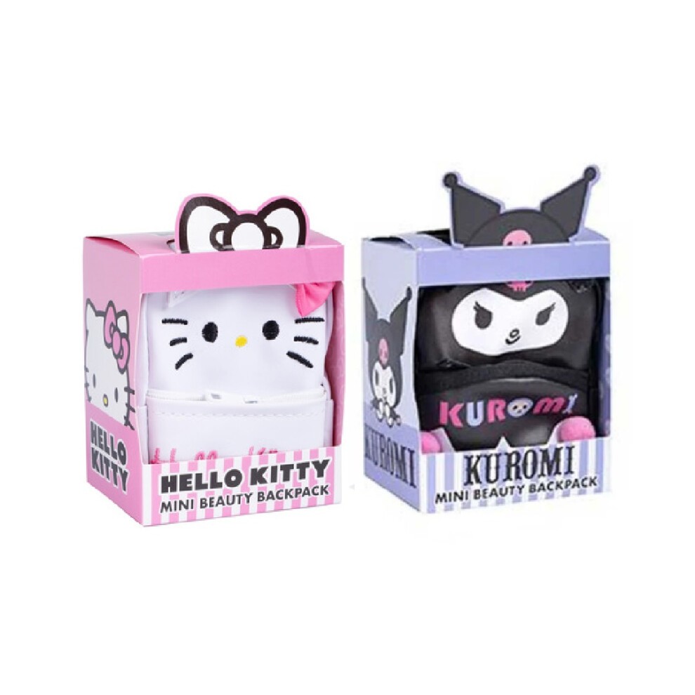 Mini beauty backpacks featuring Hello Kitty in pink with a bow and Kuromi in black with horns, both in colorful packaging with character designs.