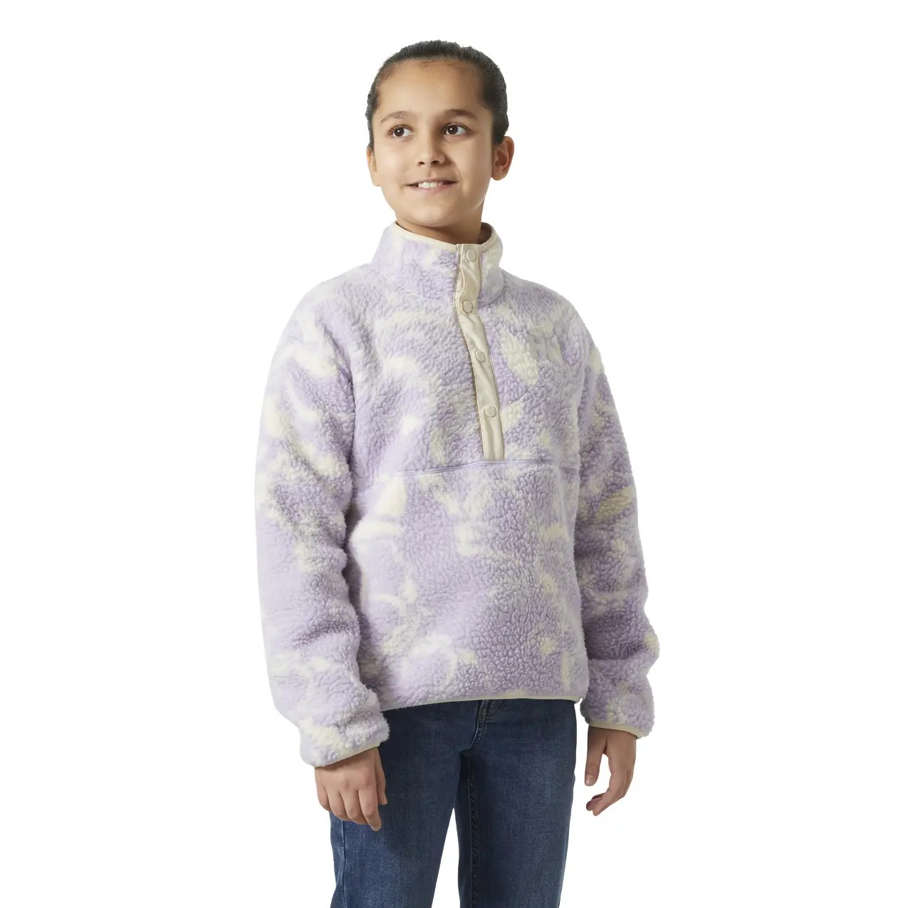 Light purple fleece training jacket for children with a half-zip collar, featuring a soft, fluffy texture and a cream-colored placket, designed by Helly Hansen.