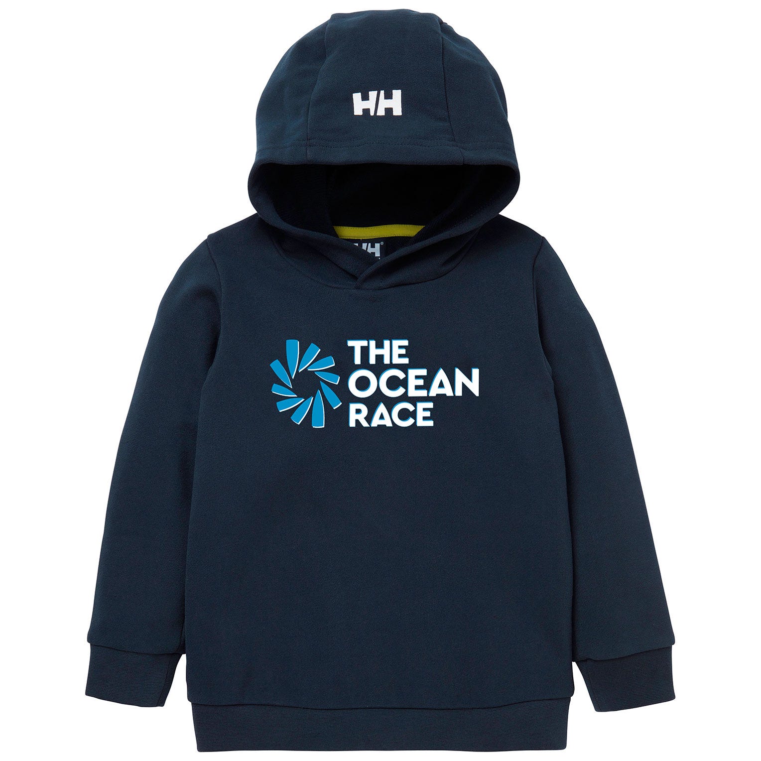 Navy blue children's hoodie featuring a front graphic that reads "THE OCEAN RACE" in white and blue, with a drawstring hood and Helly Hansen logo on the upper front.