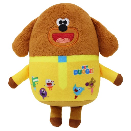 Brown plush soft toy of Duggee with a yellow shirt featuring colorful characters from the show, round face, floppy ears, and a cheerful expression.