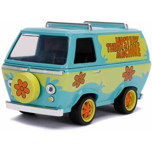 Die-cast 1:32 scale vehicle in turquoise and yellow with orange flower decals, featuring a rounded front, black tires, and silver detailing on the windows and bumpers.