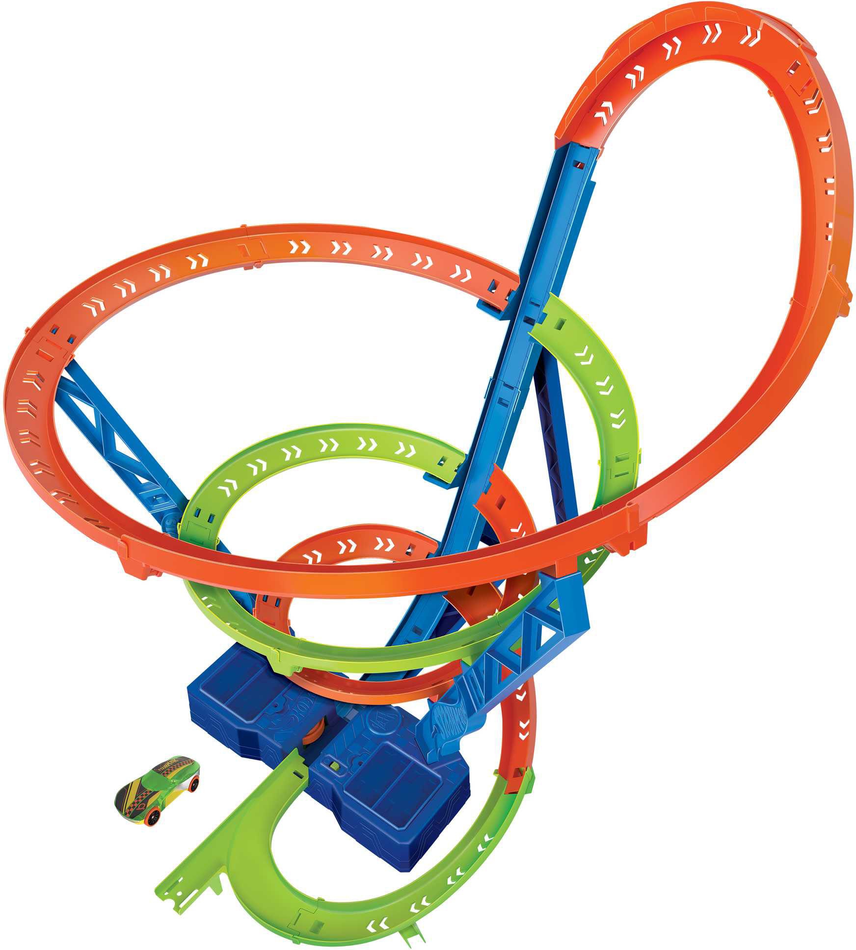 Colorful Hot Wheels Action Spiral Speed Crash Track Playset features vibrant orange, green, and blue tracks with spirals and loops, including a toy car at the base ready for action.