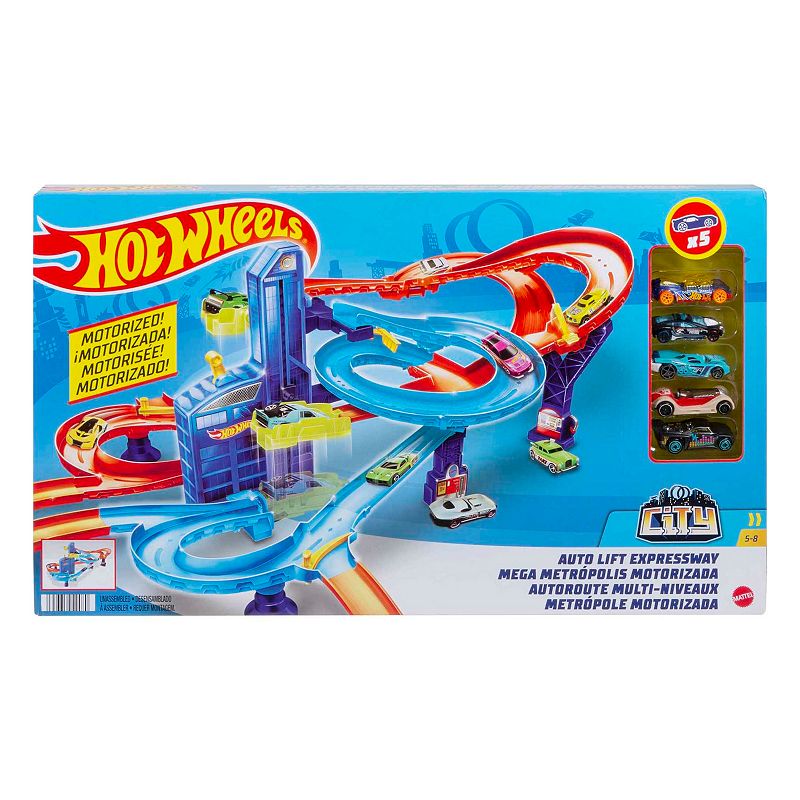 Brightly colored Hot Wheels City Auto Lift Expressway Track Set featuring blue and red tracks, a motorized lift, and four toy cars, all set against a vibrant city backdrop.