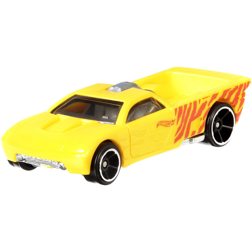 Bright yellow Hot Wheels vehicle with red tiger stripes, featuring black wheels and a sleek design, designed to change color from yellow to red.