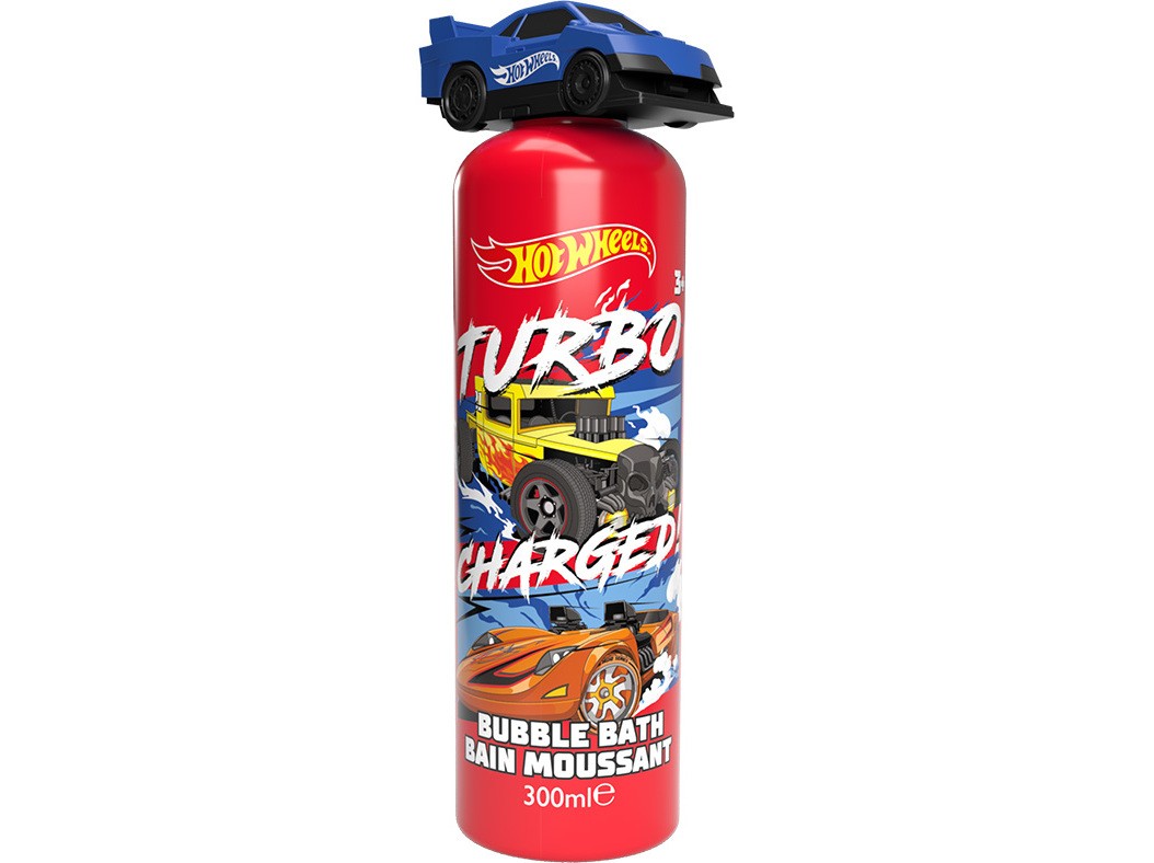 Red bottle with a blue car cap, featuring colorful graphics of racing cars and the text "Turbo Charged Bubble Bath" in bold lettering, 300ml size.