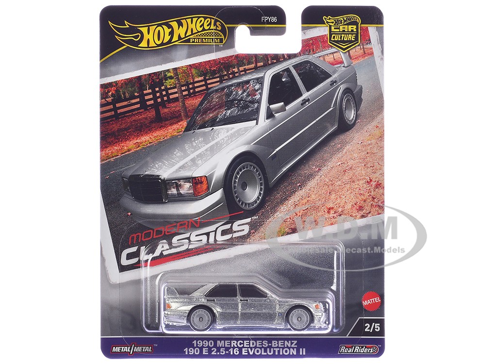 Silver die-cast 1990 Mercedes-Benz Evolution II model car on a card backing, featuring detailed wheels and a sleek design, part of Hot Wheels' Car Culture series.