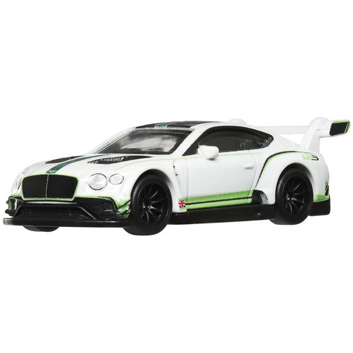 White and green Hot Wheels Bentley Continental die-cast car with a sleek design, black wheels, a rear wing, and detailed racing decals.
