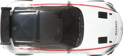White die-cast Nissan Z GT4 car with red racing stripes, black detailing, and a Nismo logo, featuring a sleek design and a rear spoiler.