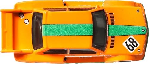 Orange Hot Wheels BMW 320 car with a green racing stripe, number 68 on the side, and a detailed design featuring a rear spoiler and black wheels.