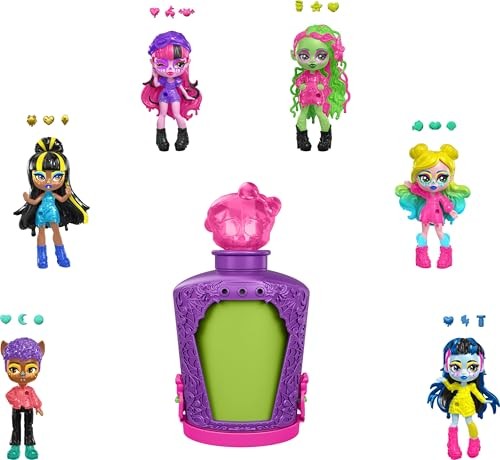 A vibrant purple lantern with a green center surrounded by six colorful dolls with unique hairstyles and outfits, showcasing diverse styles and accessories.