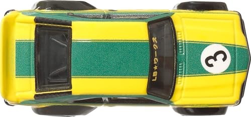 Yellow and green Hot Wheels Mazda RX-3 toy car featuring a sleek design, racing stripes, and the number "3" on the side, made of die-cast metal with detailed paintwork.