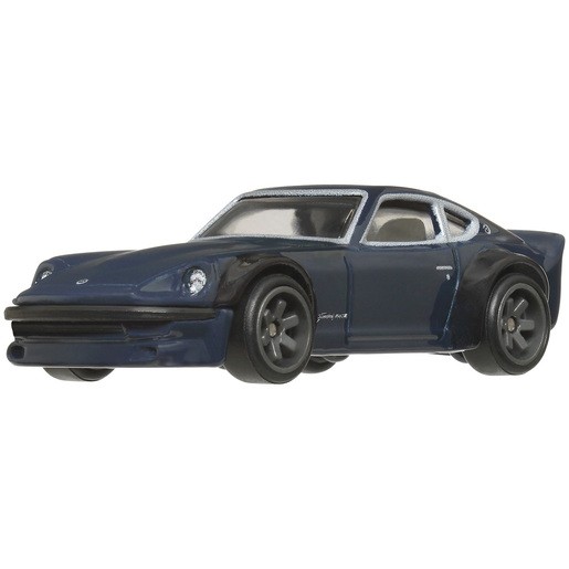 Navy blue die-cast Nissan Fairlady Z car with a sleek design, black wheels, and detailed front grille, part of the Hot Wheels Car Culture series.