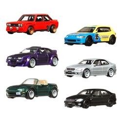 Six die-cast Hot Wheels cars featuring a red classic car, a blue and yellow racer, a purple GT-R, a silver sedan, a green convertible, and a black sports car, all with detailed designs.