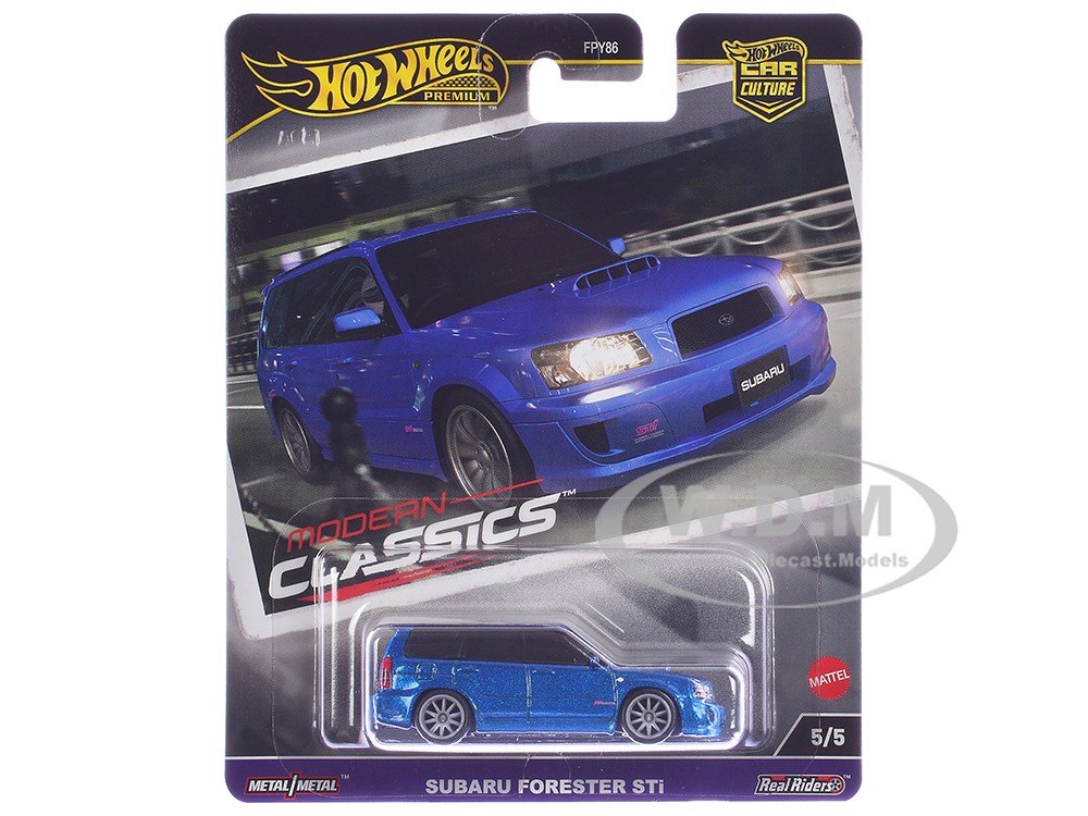 Blue die-cast Subaru Forester STI model on a card, featuring a sleek design, detailed front grille, and sporty wheels, labeled "Hot Wheels Premium Modern Classics."