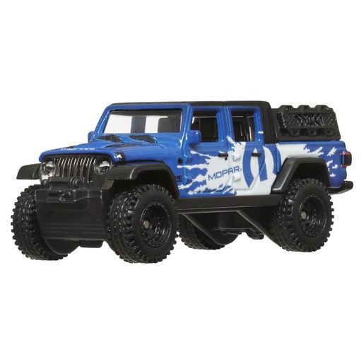 Blue and white Hot Wheels Jeep Gladiator with rugged tires, a black roof, and "MOPAR" branding on the side, featuring a detailed off-road design.
