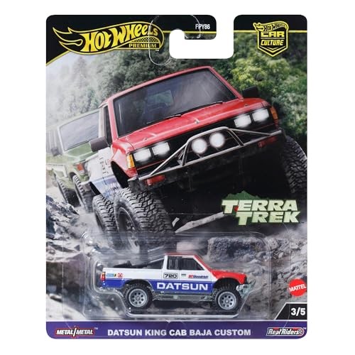 Red and white Datsun King Cab Baja custom vehicle with off-road tires and a detailed body, displayed on a card featuring the Hot Wheels logo and Terra Trek branding.