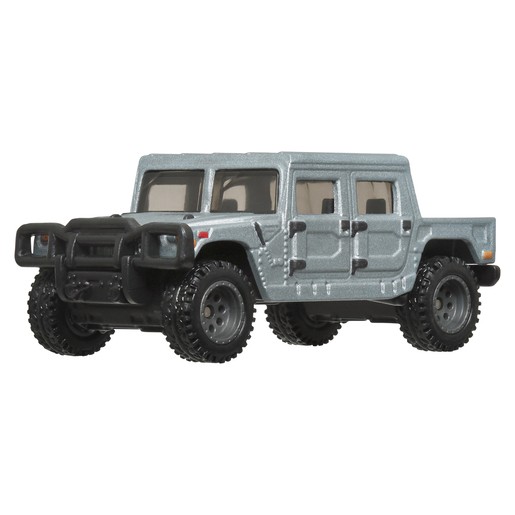 Silver die-cast Hummer H1 vehicle with black wheels and a rugged design, featuring a detailed front grille and multiple doors, part of the Hot Wheels Car Culture Terra Trek series.