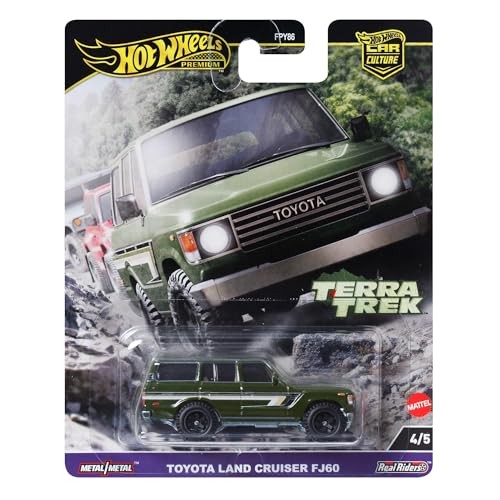 Green Hot Wheels Toyota Land Cruiser FJ60 vehicle on a card, featuring rugged detailing, black wheels, and the "Terra Trek" logo, part of the Car Culture series.