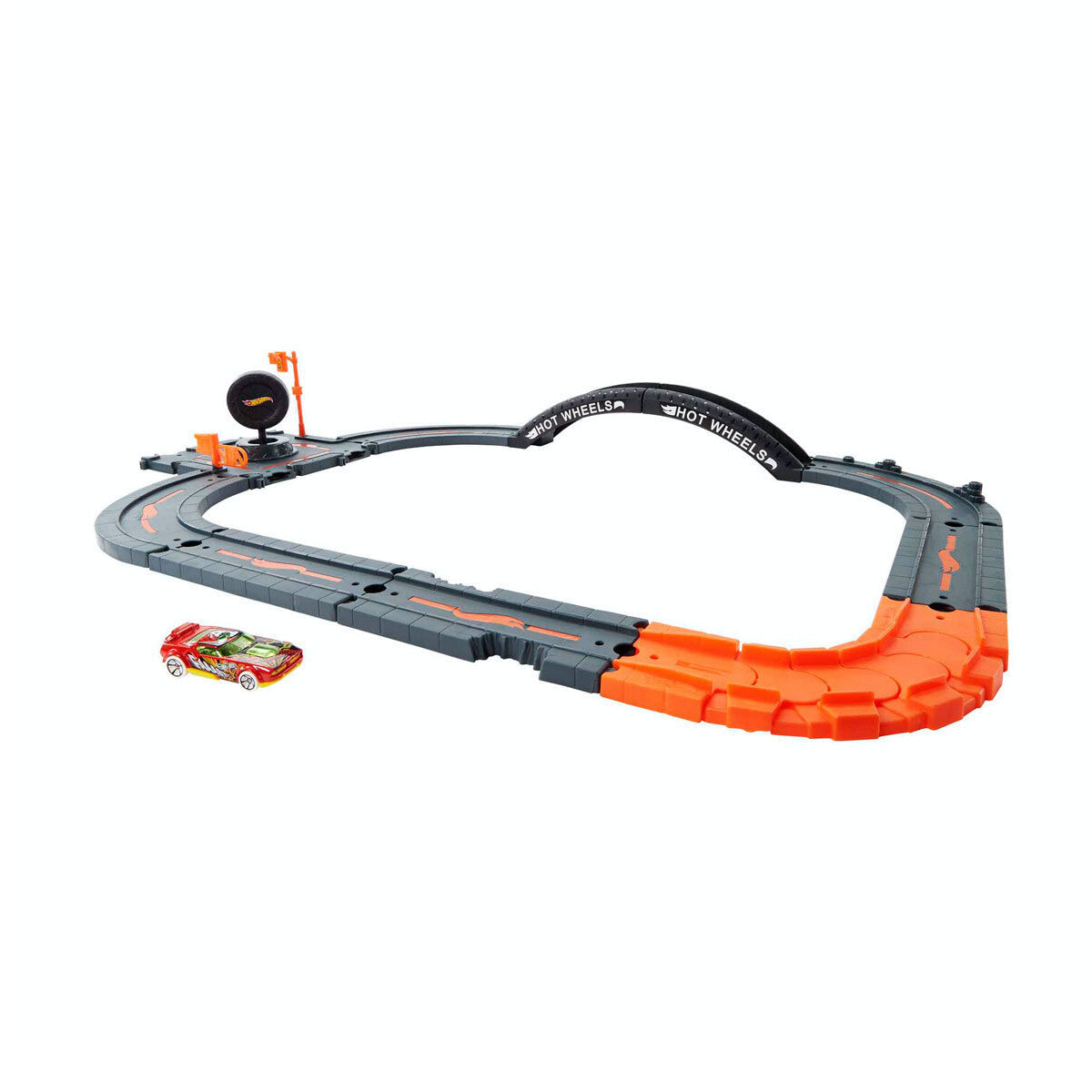 Bright orange and gray plastic track set featuring curved and straight pieces, a loop, and a launcher, accompanied by a colorful toy car.