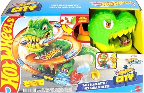 Brightly colored playset featuring a green T-Rex with a large mouth, a track for Hot Wheels cars, and a vibrant blue background, designed for imaginative dinosaur battles.