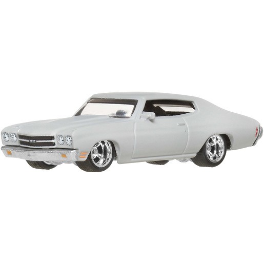 White 1970 Chevelle SS die-cast car with chrome wheels, sleek body design, and detailed front grille, part of the Hot Wheels Fast & Furious collection.
