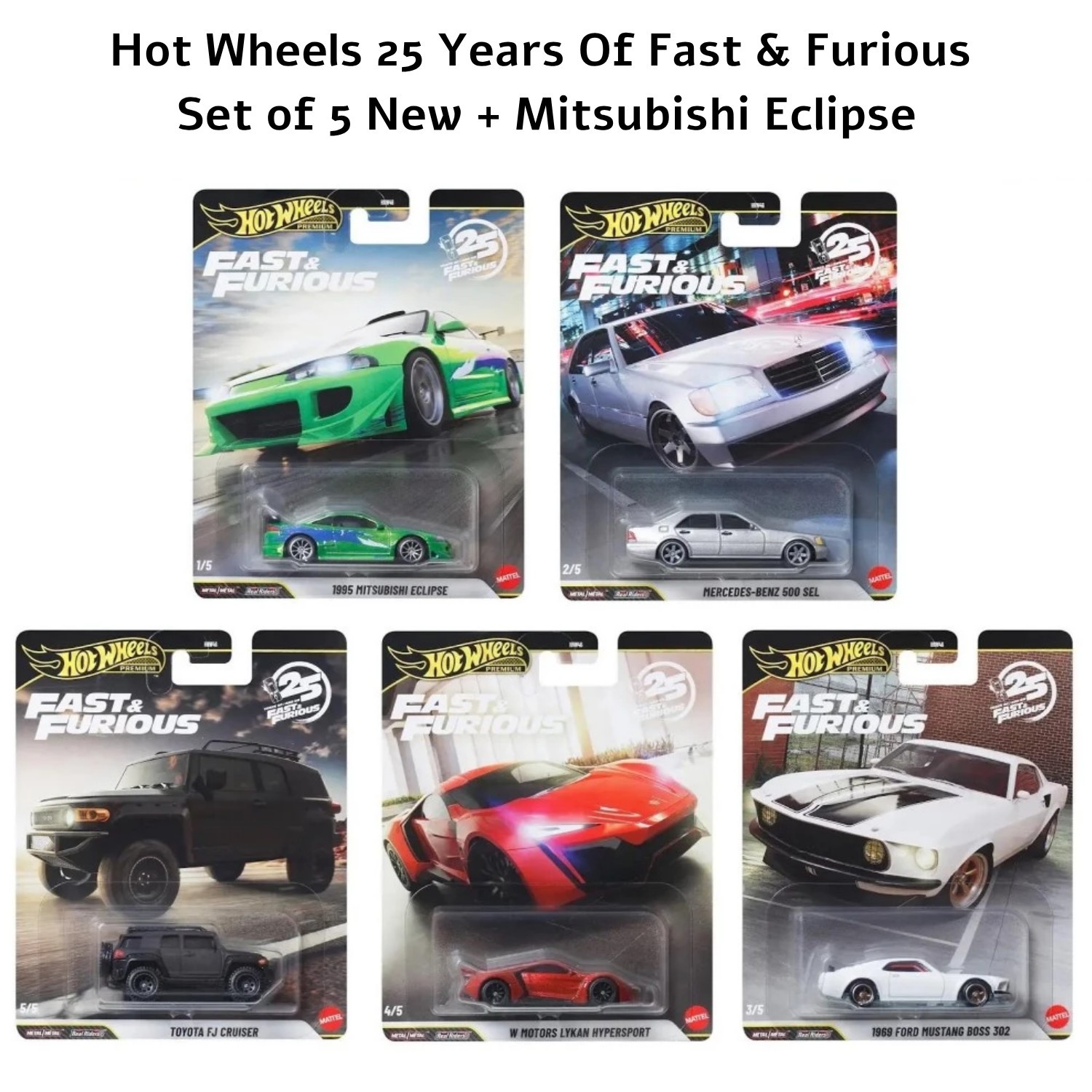 Five Hot Wheels cars from the Fast & Furious collection, featuring a green Mitsubishi Eclipse, a silver car, a red sports car, and two other models on branded packaging.