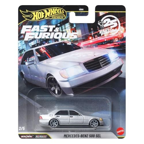 Hot Wheels Premium collectible features a silver Mercedes-Benz 500 SEL model, displayed in a clear case with a vibrant Fast & Furious themed packaging.