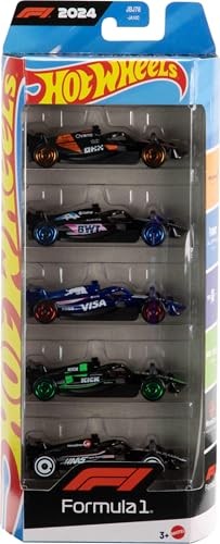Five die-cast toy cars in a clear package, featuring vibrant colors like blue, green, and black, with racing decals and distinct designs representing a race team theme.