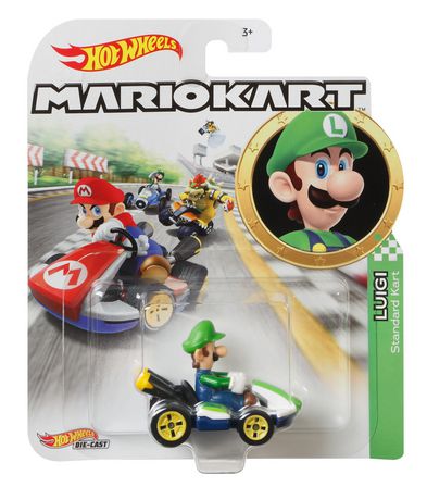 Green die-cast Hot Wheels Luigi Standard Kart collectible, featuring Luigi in a green cap and overalls, with blue and white kart details, packaged with Mario Kart branding.