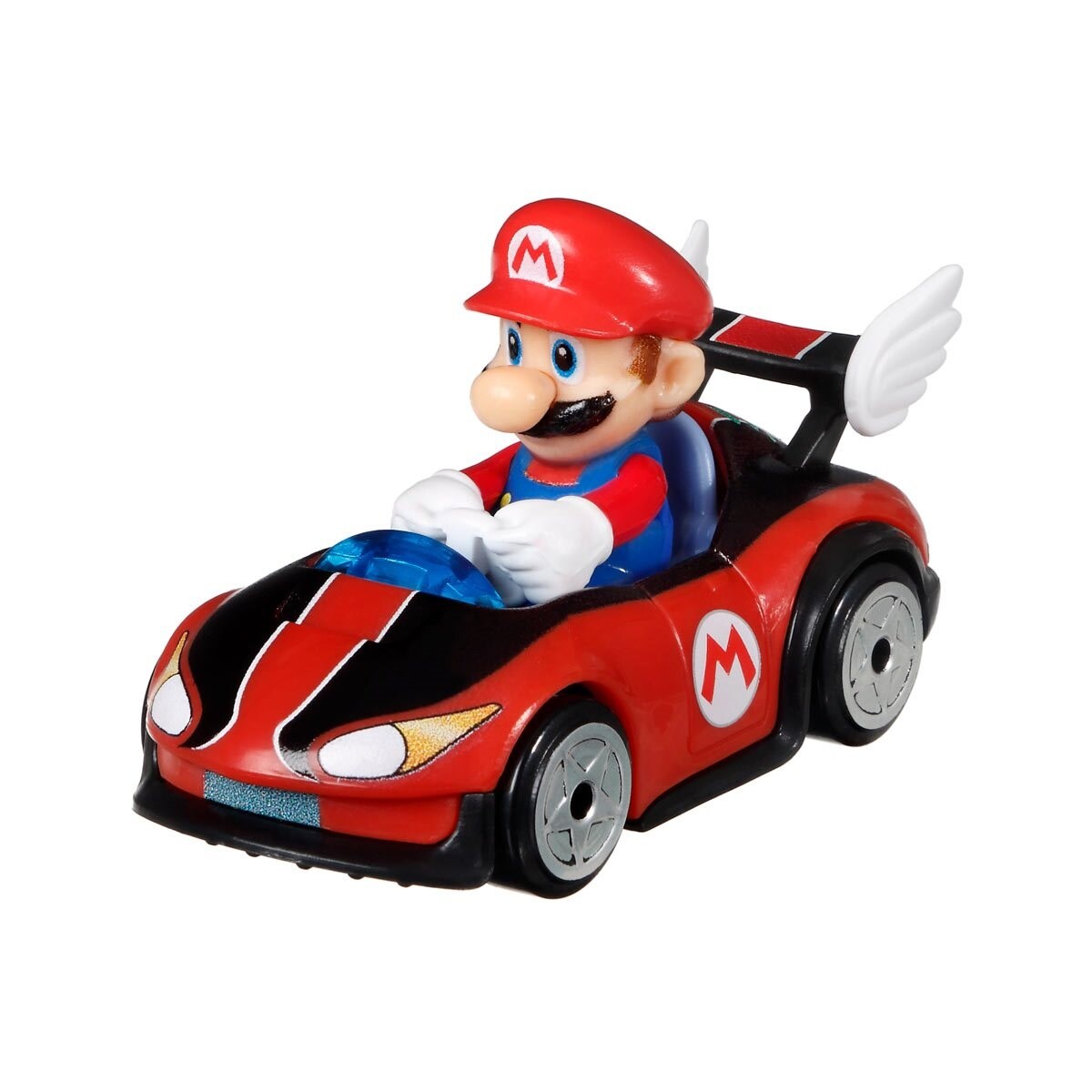 Red and black Hot Wheels kart featuring Mario with a winged cap, smiling while driving, with the iconic "M" logo on the sides and a glossy plastic finish.