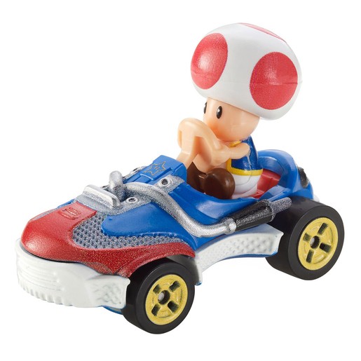 Diecast Hot Wheels Mario Kart featuring Toad in a blue and red kart with a white and red mushroom cap, detailed wheels, and a sleek design.