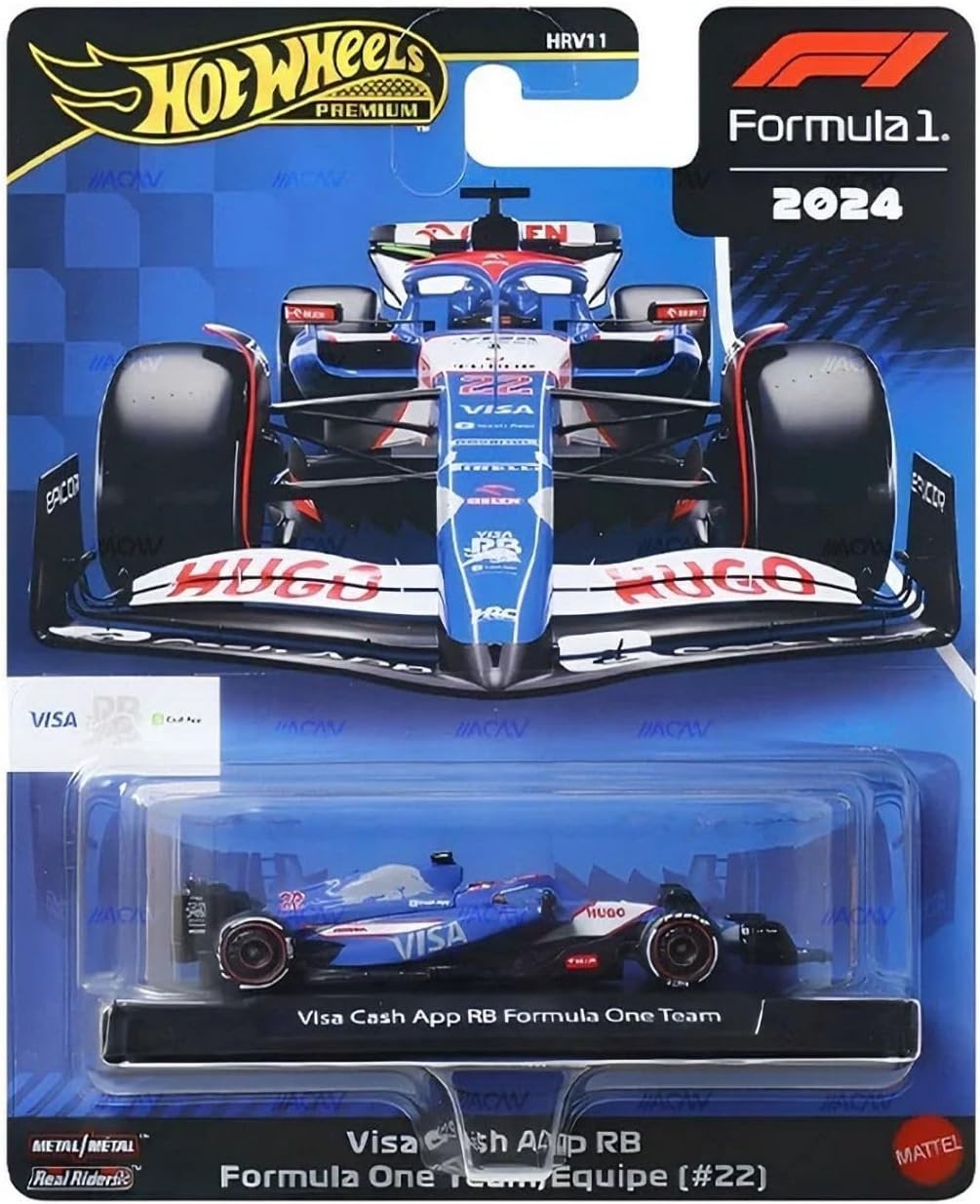 Blue and white die-cast Hot Wheels Mercedes-AMG PETRONAS F1 vehicle, featuring sponsor logos, detailed design, and a sleek aerodynamic shape, displayed in a clear packaging with a racing backdrop.