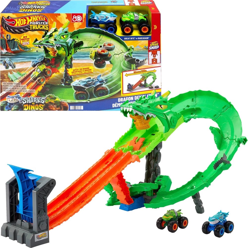 Hot Wheels Hot Wheels Monster Trucks Sharks Vs. Dinos Dragon Destruction Playset & 2 Toy Trucks