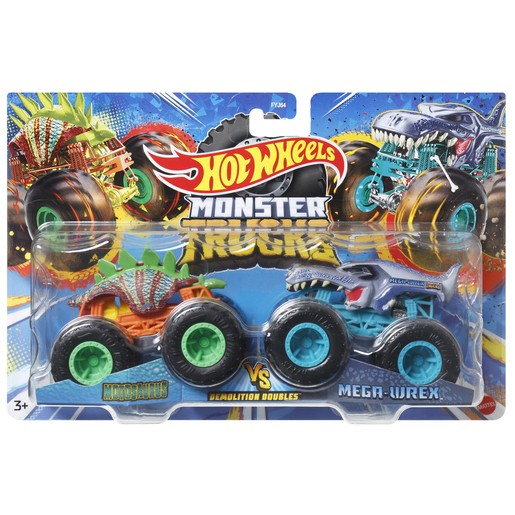 Two Hot Wheels Monster Trucks in a blister pack: Motosaurus, an orange truck with dinosaur spikes, and Mega-Wrex, a blue truck with a shark design, both with large black wheels.