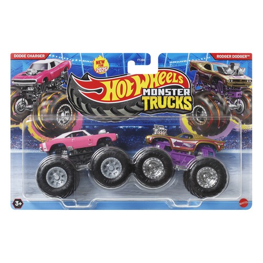 Two Hot Wheels Monster Trucks, a pink Dodge Charger and a purple Rodger Dodger, displayed on a blue card with a tire logo and "Monster Trucks" branding, featuring oversized wheels.