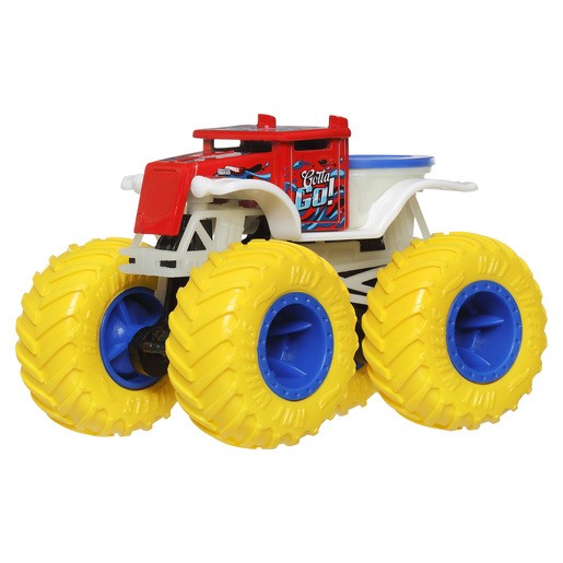 Red and white monster truck with oversized yellow tires and blue rims, featuring "Gotta Go!" branding, designed to glow in the dark.