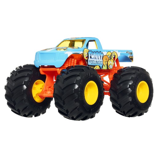 Bright blue and orange Hot Wheels Monster Truck with oversized black tires, featuring cartoonish faces and the text "Funny Feelings" on the side.