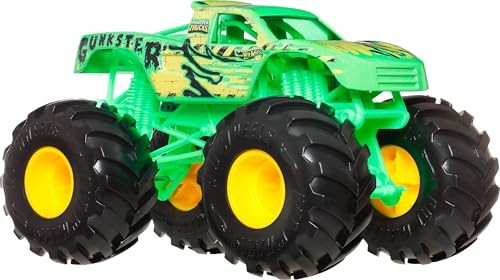 Bright green Hot Wheels Monster Trucks Gunkster vehicle with oversized black tires and yellow rims, featuring a textured body with graphic designs and a rugged, playful appearance.