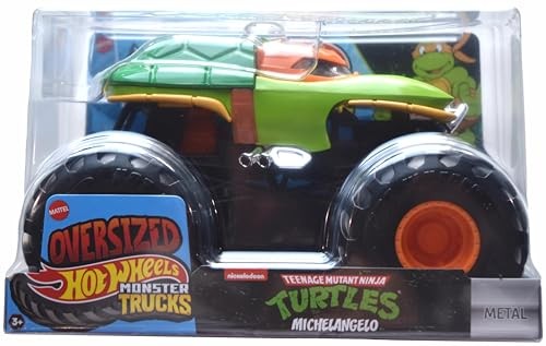Hot Wheels Monster Trucks TMNT Michelangelo Vehicle features a green and orange truck with oversized black tires, a turtle shell on top, and a vibrant design inspired by Michelangelo.