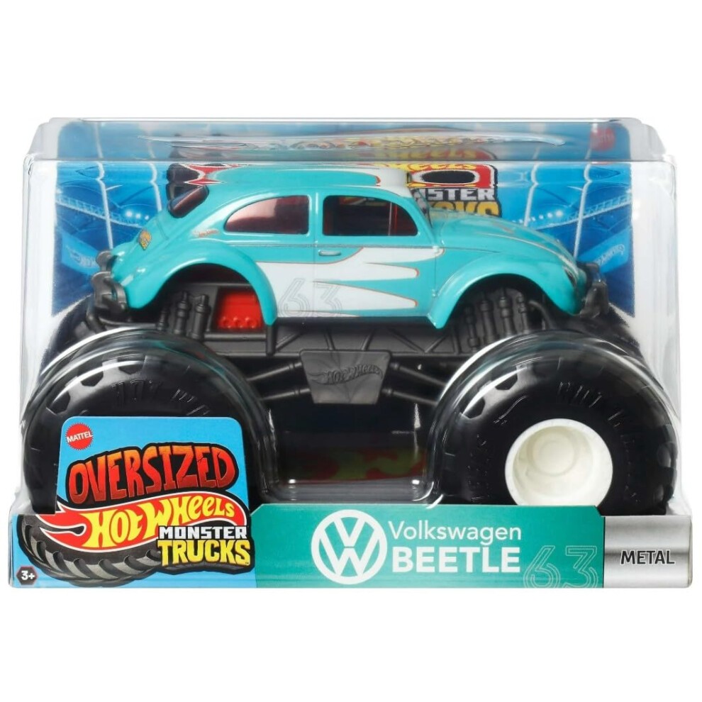 Oversized Hot Wheels Monster Trucks Volkswagen Beetle in turquoise with black oversized tires, featuring white stripes and a metal body, packaged in a clear plastic display.