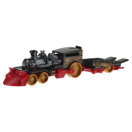 Black and red Hot Wheels Nitro Rail Track Fleet Vehicle features a vintage steam engine design with gold wheels and detailed graphics, pulling a flatbed trailer.