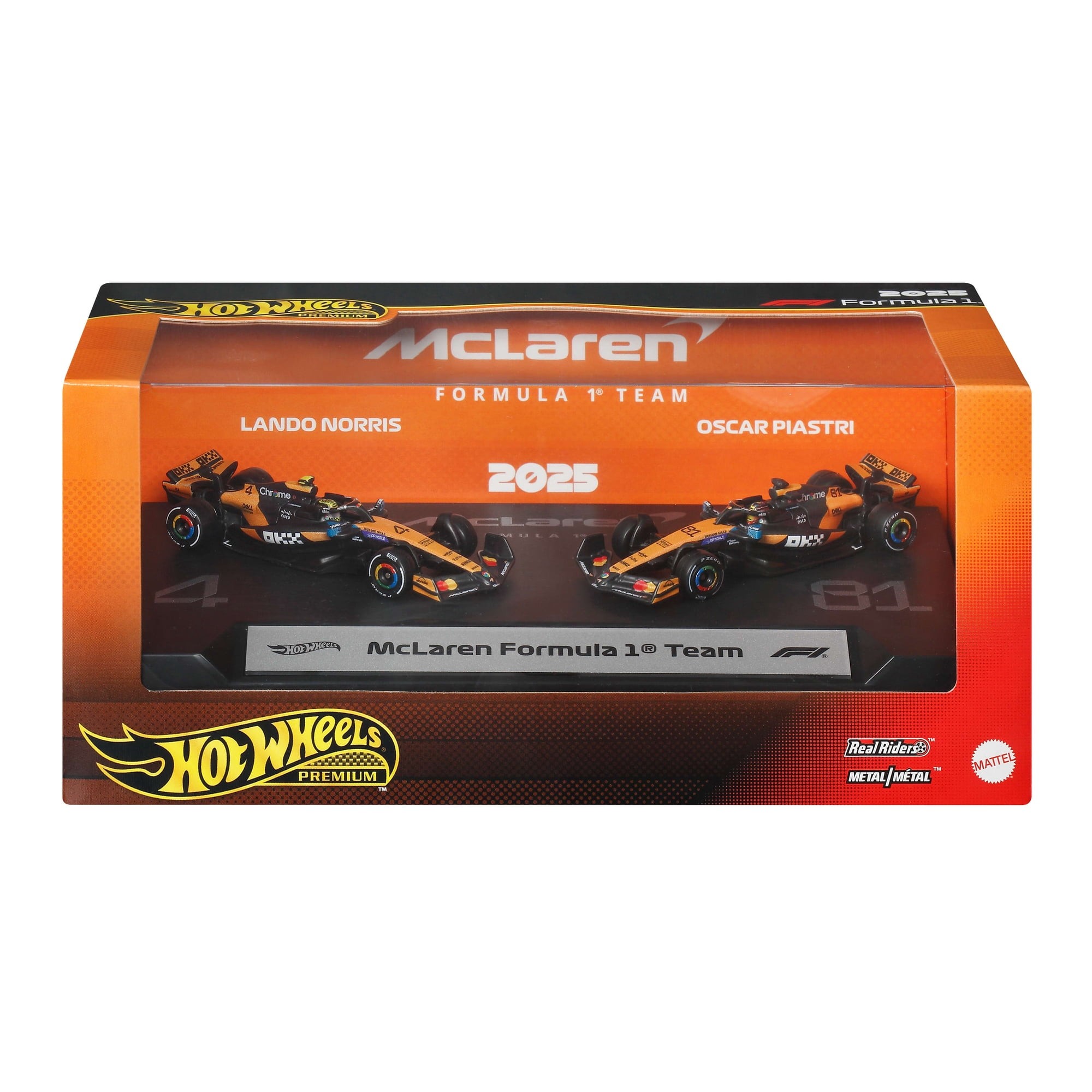 Hot Wheels Hot Wheels Premium Formula 1 2-Pack of 1:64 Scale Cars, Mclaren Formula 1 Team of Piastri & Norris